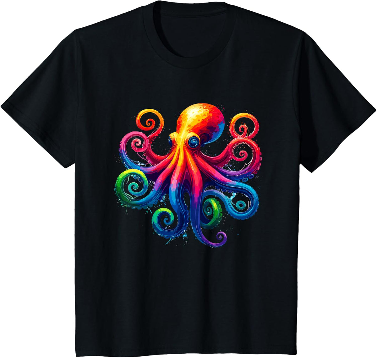 Vibrant Rainbow Octopus Psychedelic Art Sea Creature T-Shirt - Black