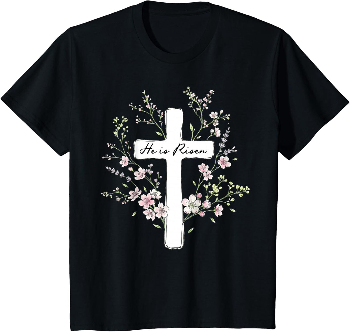 Christian- He is Risen Pretty Floral Cross Religious Easter T-Shirt - Black