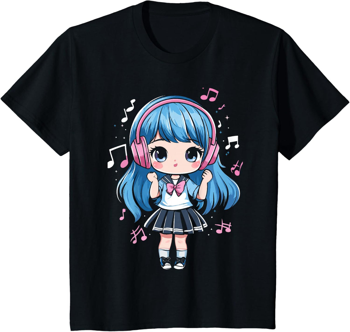 Anime Music Girl Teen Chibi Kawaii Manga Otaku Japanese Cute T-Shirt - Black