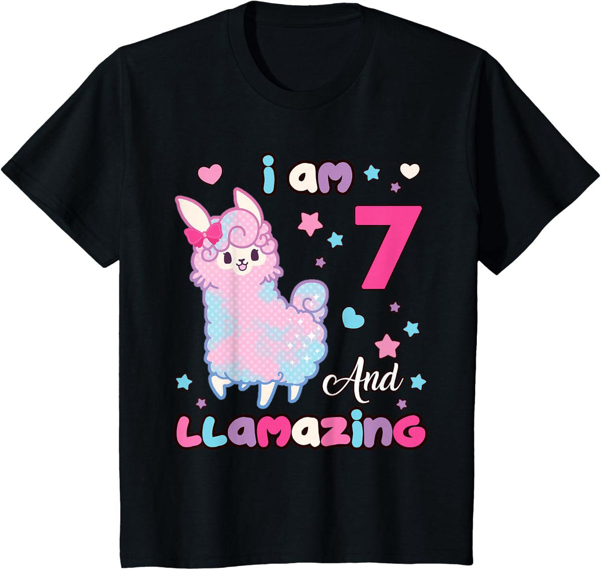 7 Years Old 7th Birthday Girl Llama I Am Seven and Llamazing T-Shirt - Black