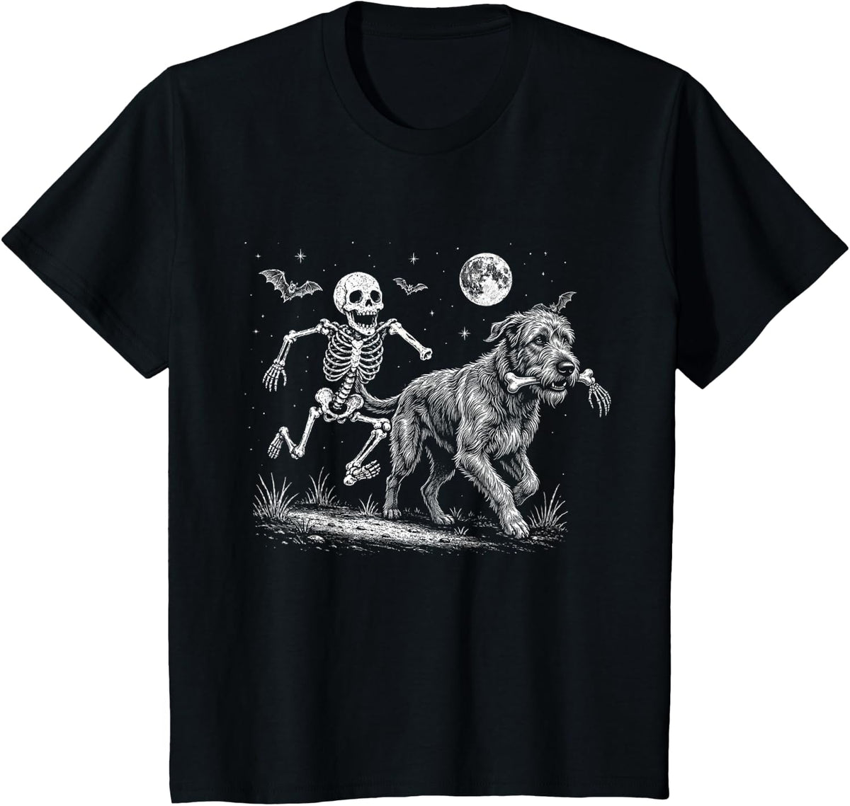 Funny Skeleton Chasing Irish Wolfhound Halloween Dog Mom Pet T-Shirt - Black
