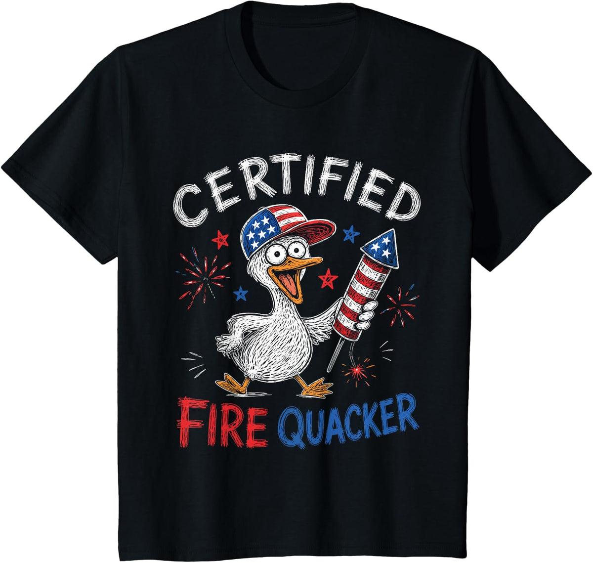 Certified Fire Quacker Funny Patriotic Duck Doodle 4th July T-Shirt - Black