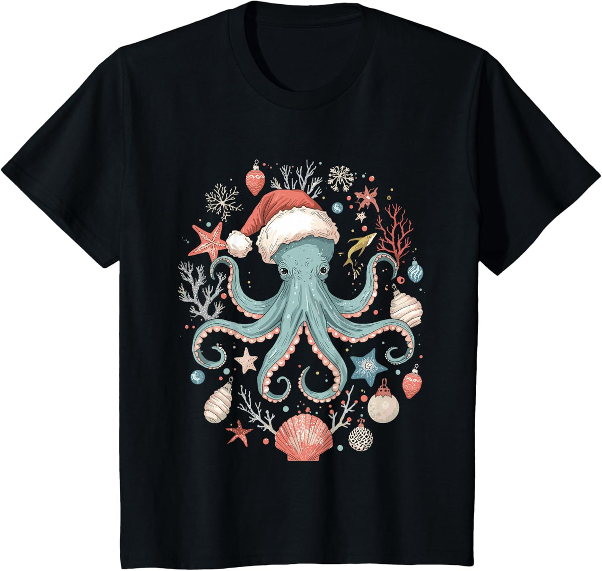 Octopus Glasses Santa Hat Xmas Christmas Light Ocean Animal T-Shirt - Black