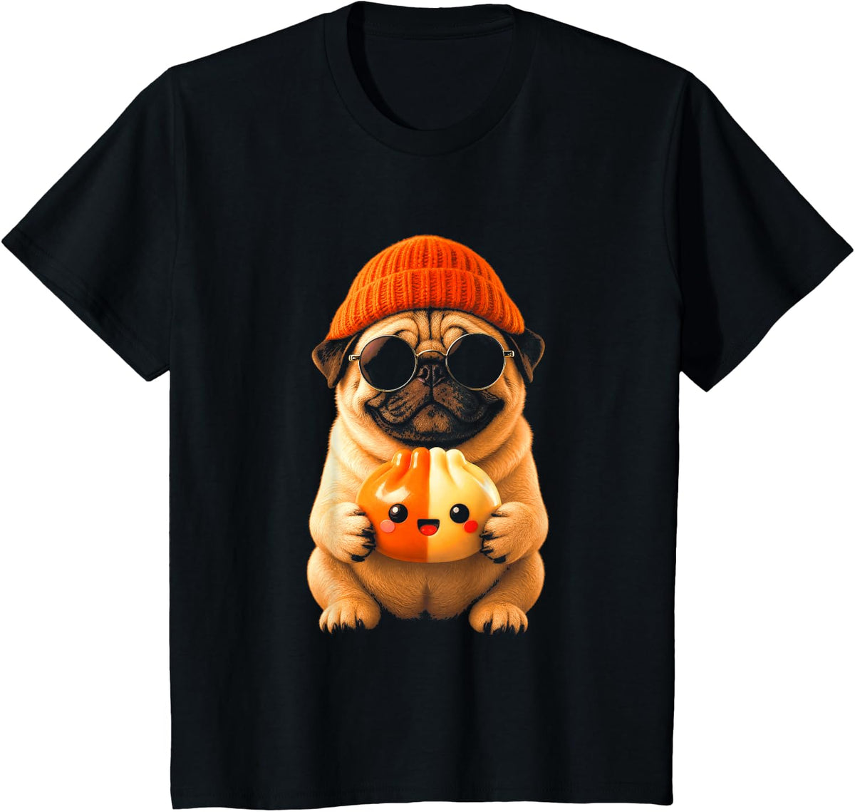 Pug Dog Dumpling Beanie Sunglasses Fall Halloween T-Shirt - Black