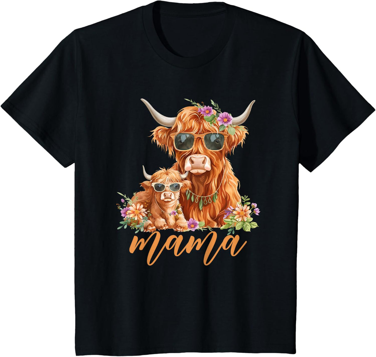 Cute Mama Highland Cow With Baby Calf Boho Floral Mommy Cow T-Shirt - Black