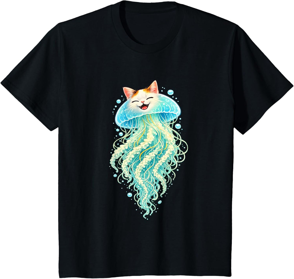 Jellyfish Cat Cute Surreal Ocean Cat Illustration T-Shirt - Black