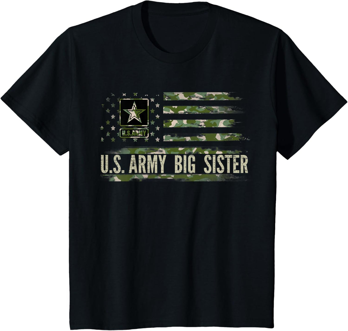 Vintage U.S Army Big Sister With Camo American Flag Veteran Women Kids Men T-Shirt - Black