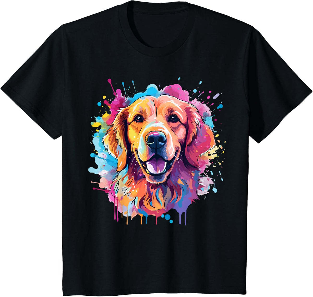 Splash Art Golden Retriever Dog Colorful T-Shirt - Black