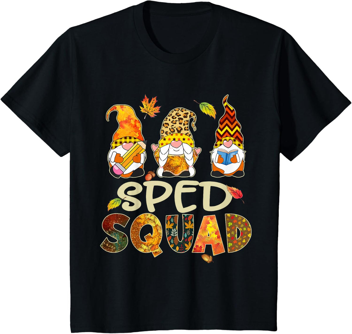 SPED Squad Gnome Leopard Thanksgiving Fall Teacher Kids T-Shirt - Black
