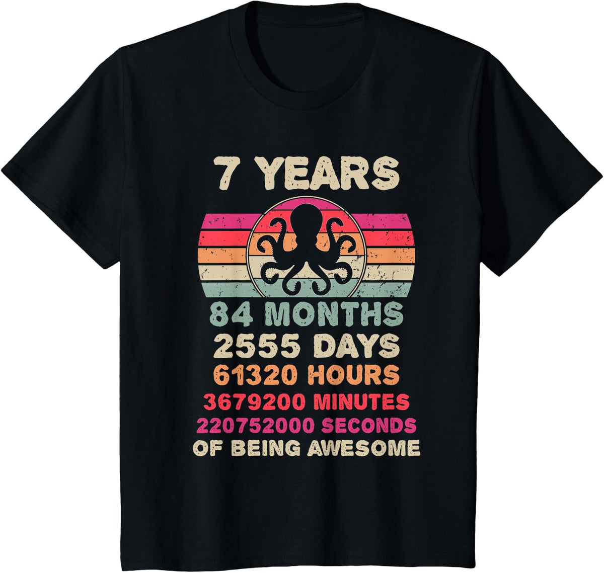 Kids 7 Year Old Octopus Seventh Octopus 7 Birthday Boy Girl T-Shirt - Black