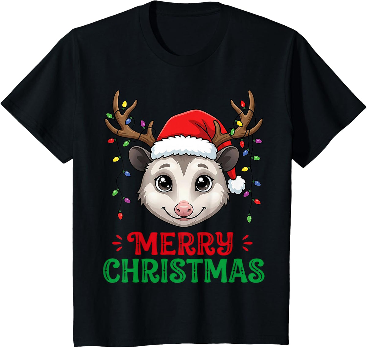 Cute Opossum Merry Christmas Xmas Reindeer Antler T-Shirt - Black
