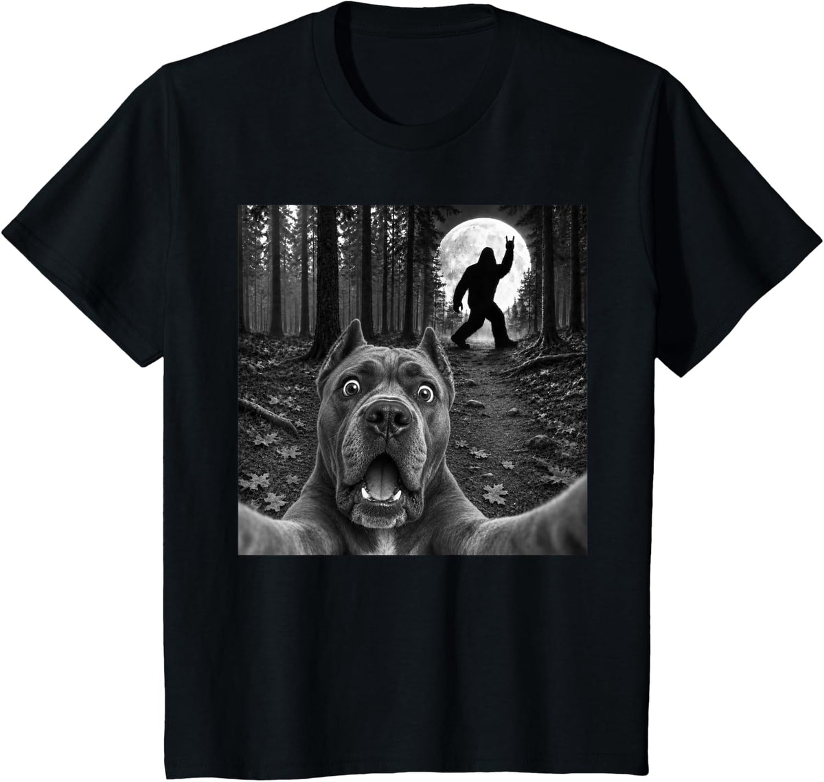 Cane Corso Selfie with Bigfoot Rock and Roll Dog Sasquatch T-Shirt - Black