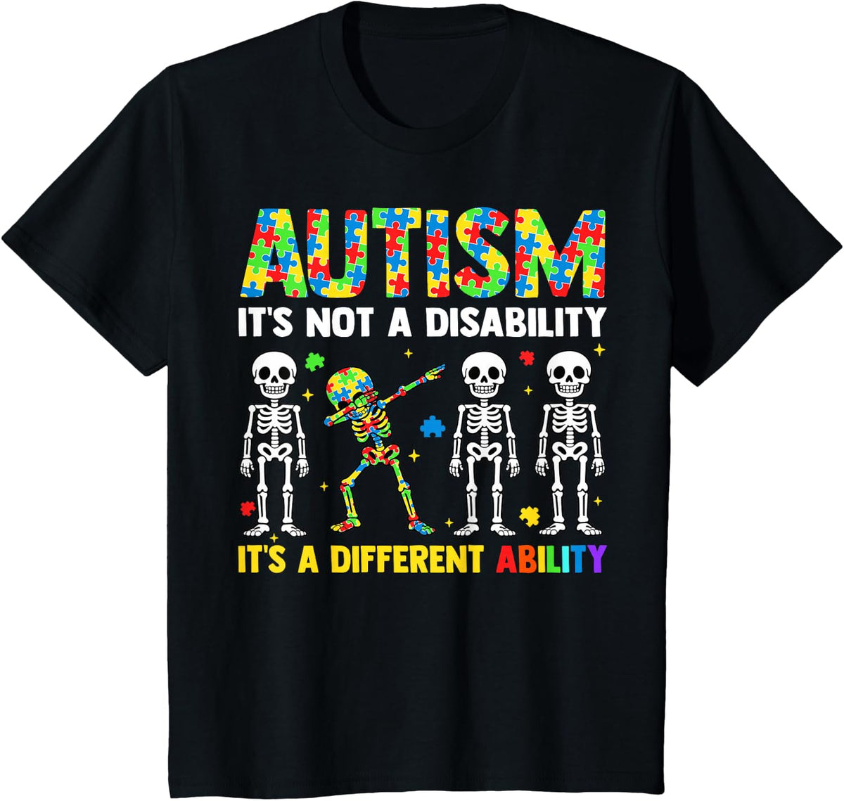 Autism Awareness Dabbing Skeleton Not A Disability T-Shirt Tee for Kids Boys - Black