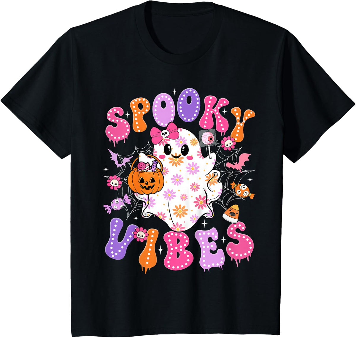 Halloween Spooky Vibes Ghost Pumpkin Women Girl Kids T-Shirt - Black