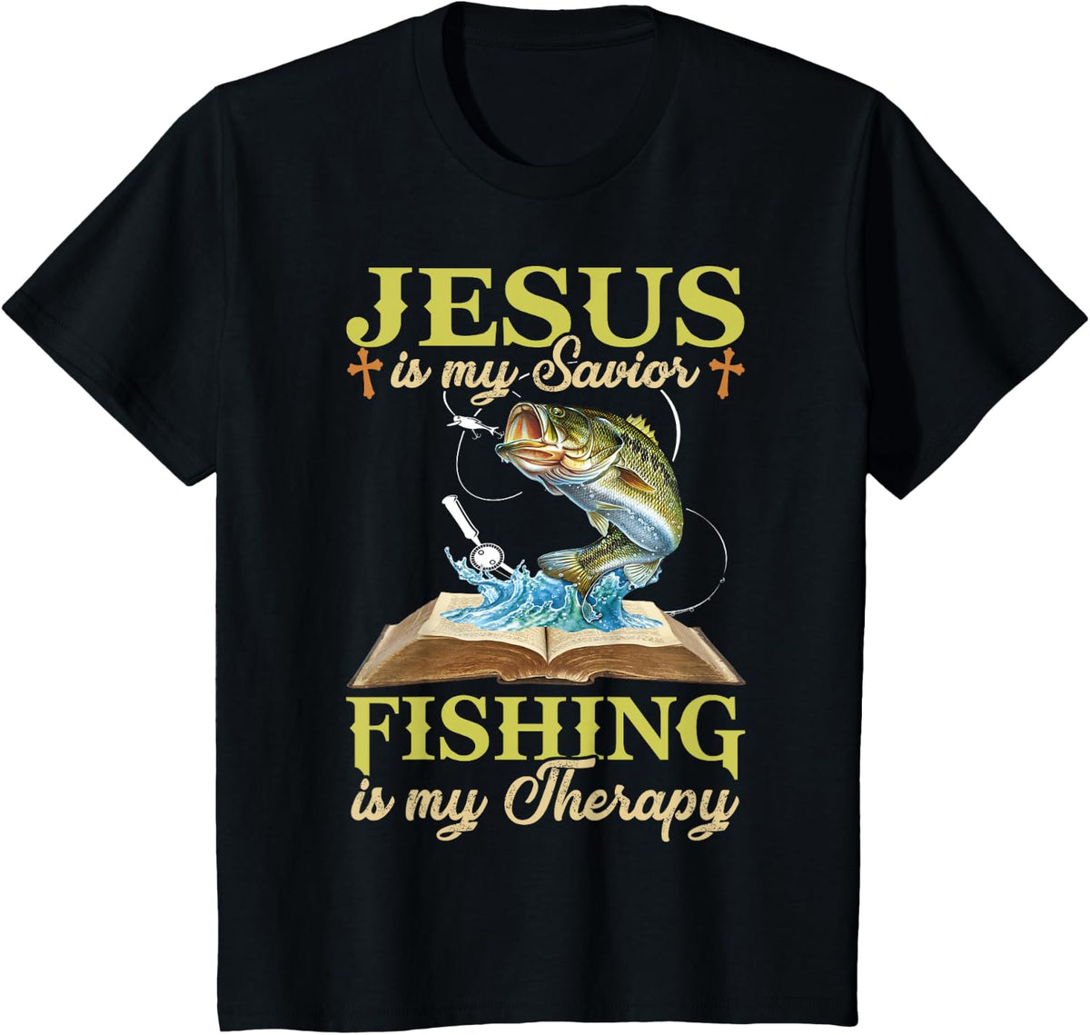 Jesus Is My Savior Fishing Is My Therapy T-Shirt - Black