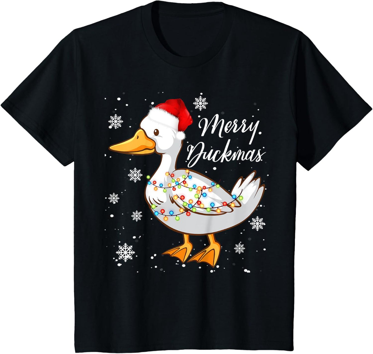 Merry Duckmas Christmas Lights Duck Santa Hat T-Shirt - Black