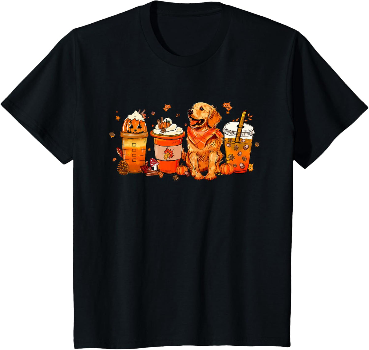 Golden Retriever Pumpkin Coffee Latte Autumn Fall T-Shirt - Black