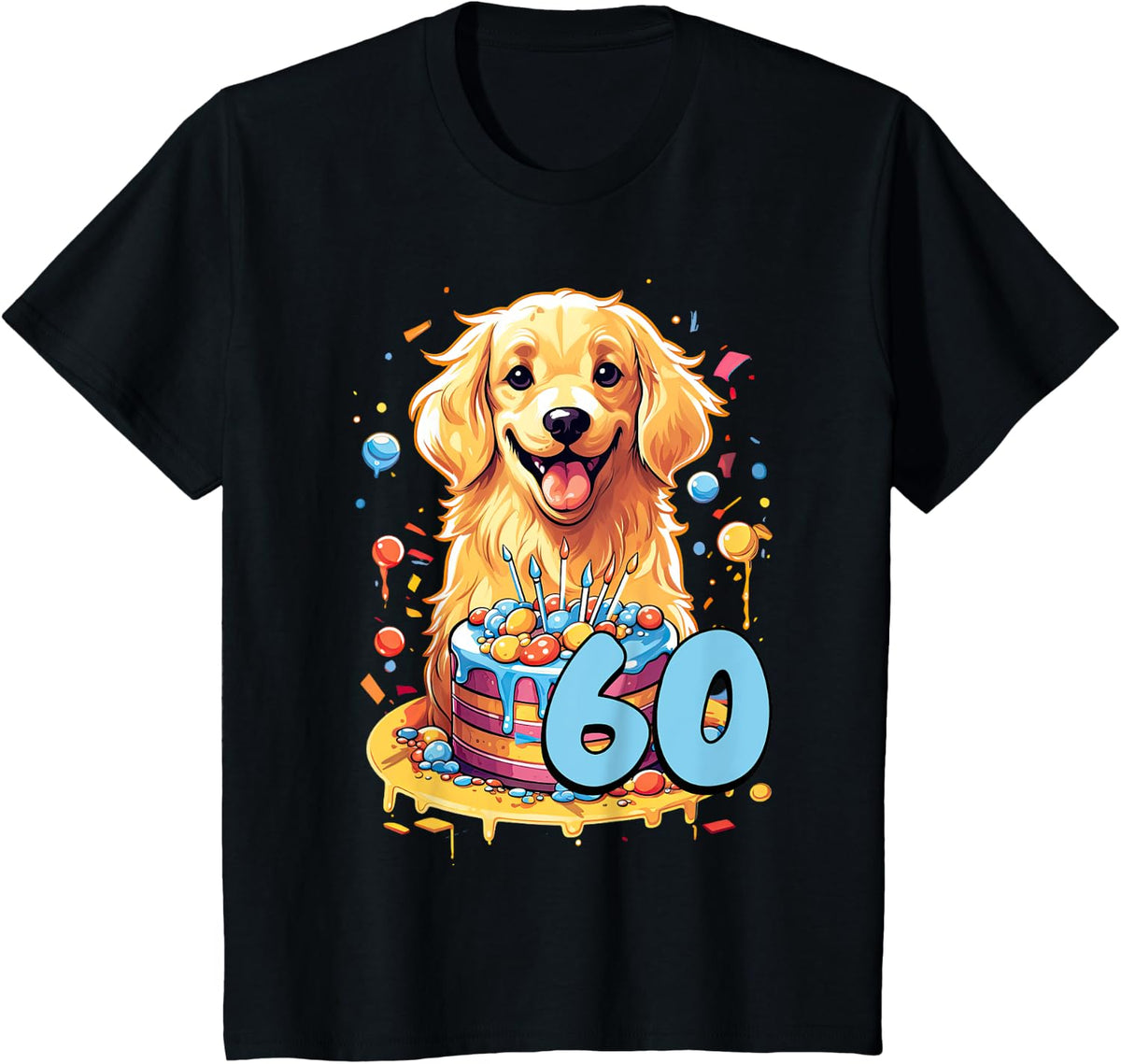 Golden Retriever Dog 60th Birthday Themed Party 60 Men Women Kids T-Shirt - Black
