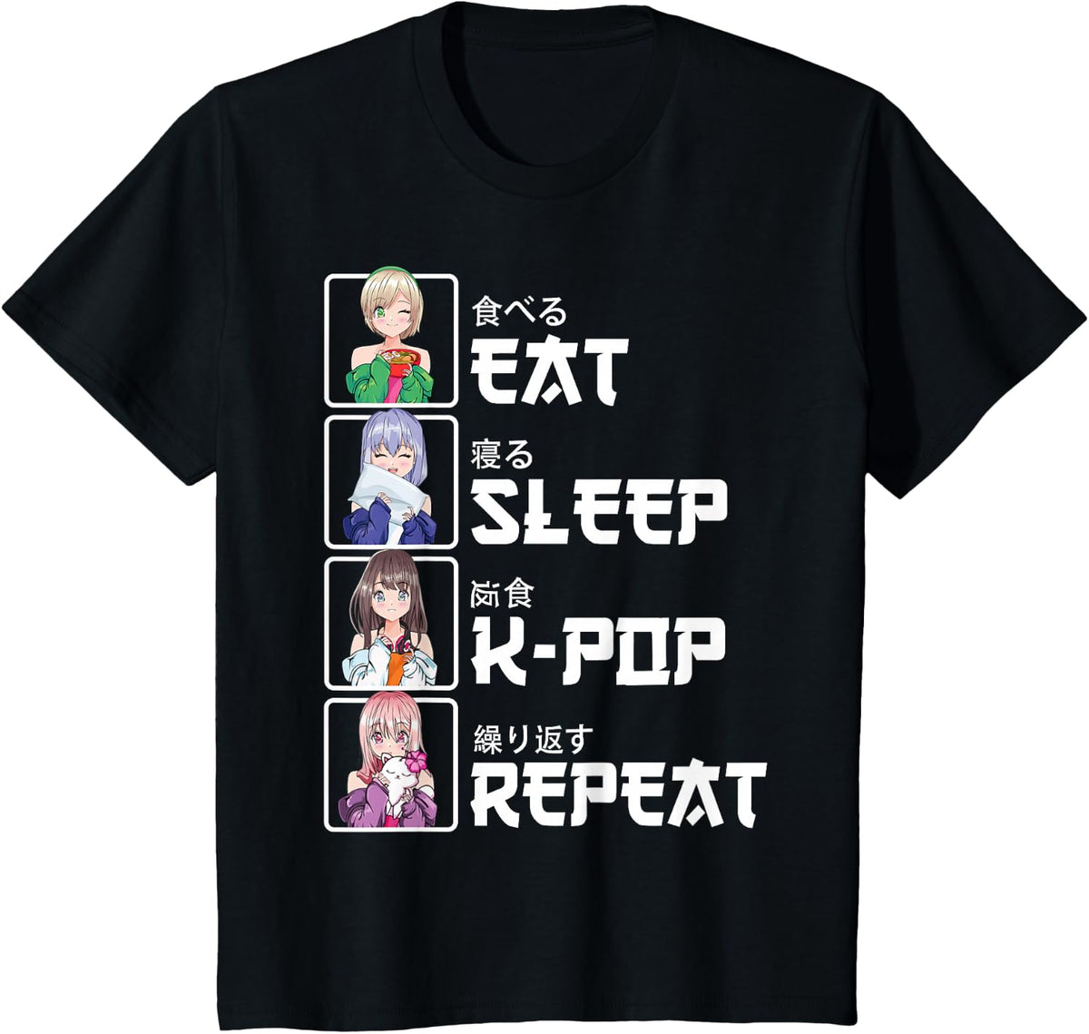 Korea Kawaii Anime K-Pop Gift - Eat Sleep K-Pop Repeat T-Shirt - Black