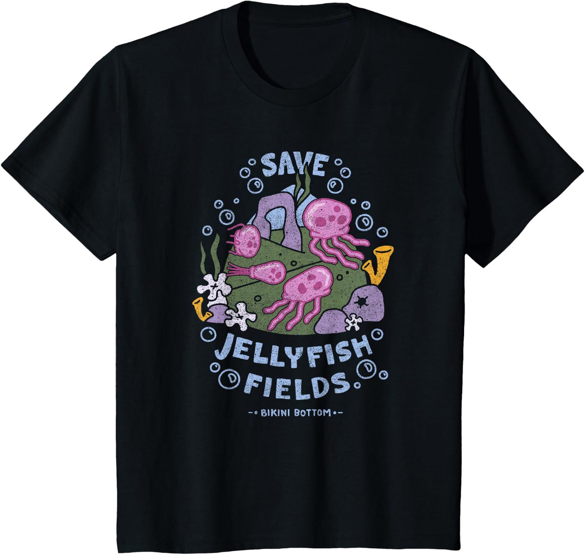 Spongebob Squarepants Save Jellyfish Fields Bikini Bottom T-Shirt - Black