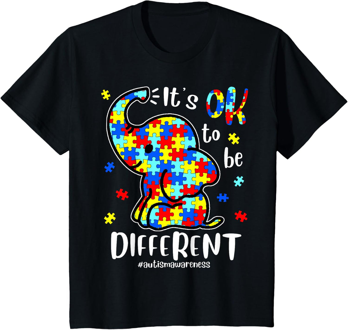 Cute Elephant Its Ok To Be Different Autism Awareness Kids T-Shirt - Black