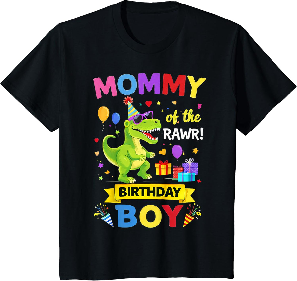 Mommy of The Birthday Boy T-Rex Dinosaur Birthday Party T-Shirt - Black