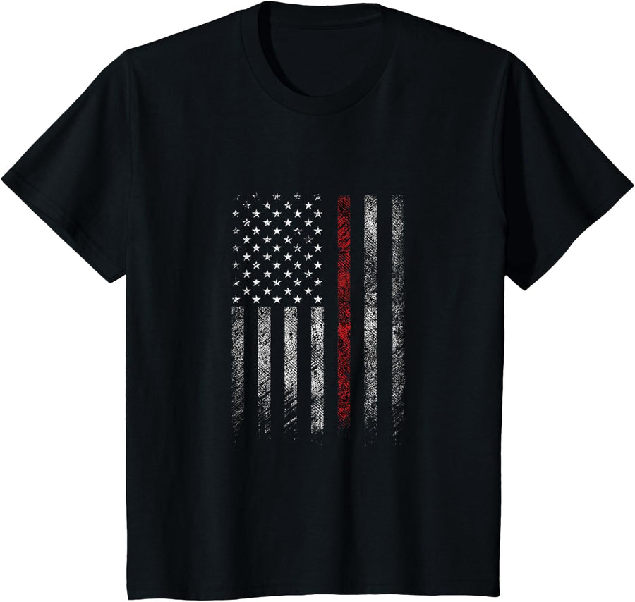 AMERICAN FLAG THIN RED LINE FIREFIGHTER SUPPORT OUR HEROES T-Shirt - Black