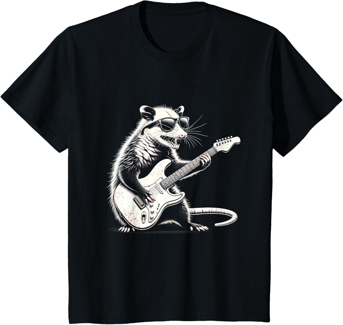Funny Opossum Playing Guitar Possum Guitarist Rock And Roll T-Shirt - Black