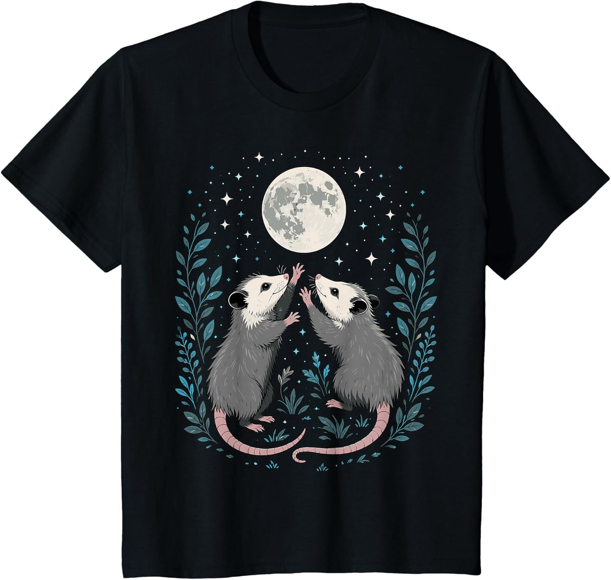 Two Opossums Under the Moon Nature Art T-Shirt - Black