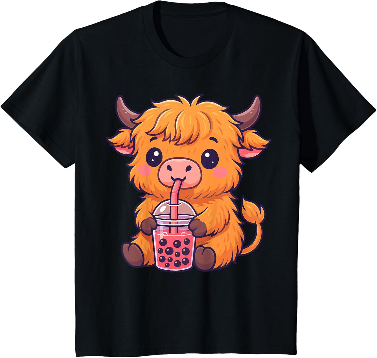 Highland Cow with Boba Bubble Tea T-Shirt - Black