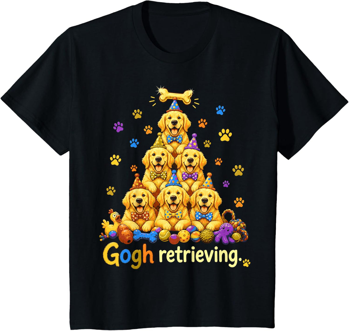 Christmas Golden Retriever Puppies Party Pyramid Dog Lover T-Shirt - Black