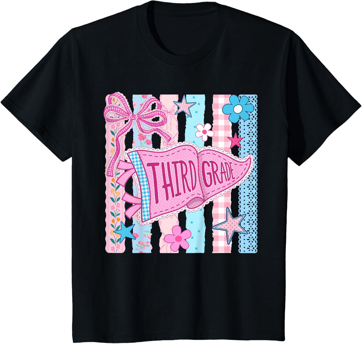 Third Grade Shirt 3rd Grade T-Shirt Striped Floral Pennant Flag Back to School Tee for Students Teachers - Black