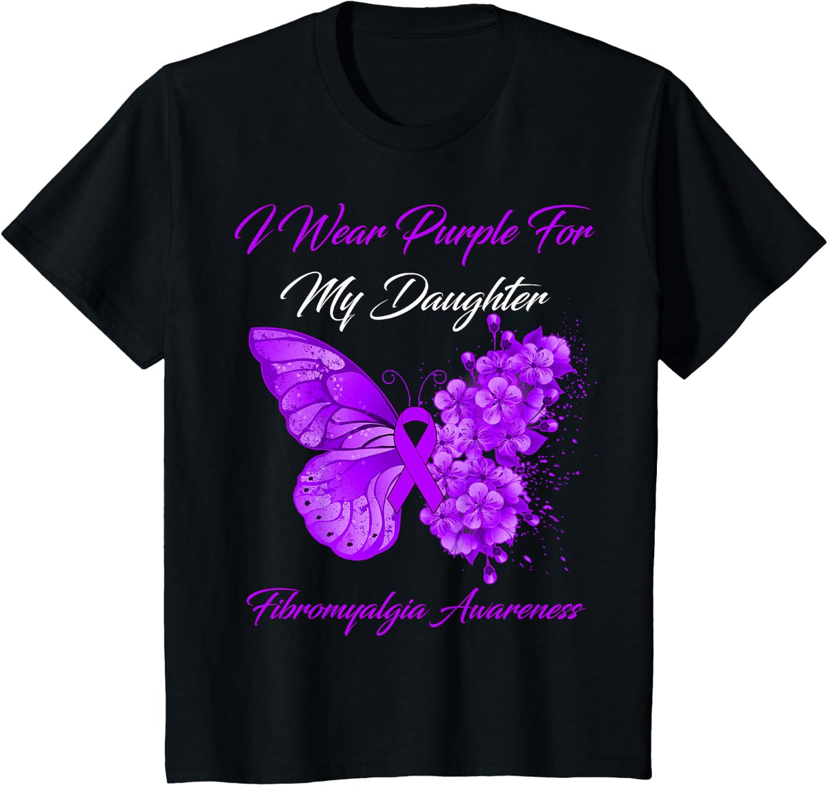 Butterfly I Wear Purple For My Daughter Fibromyalgia Warrior T-Shirt - Black