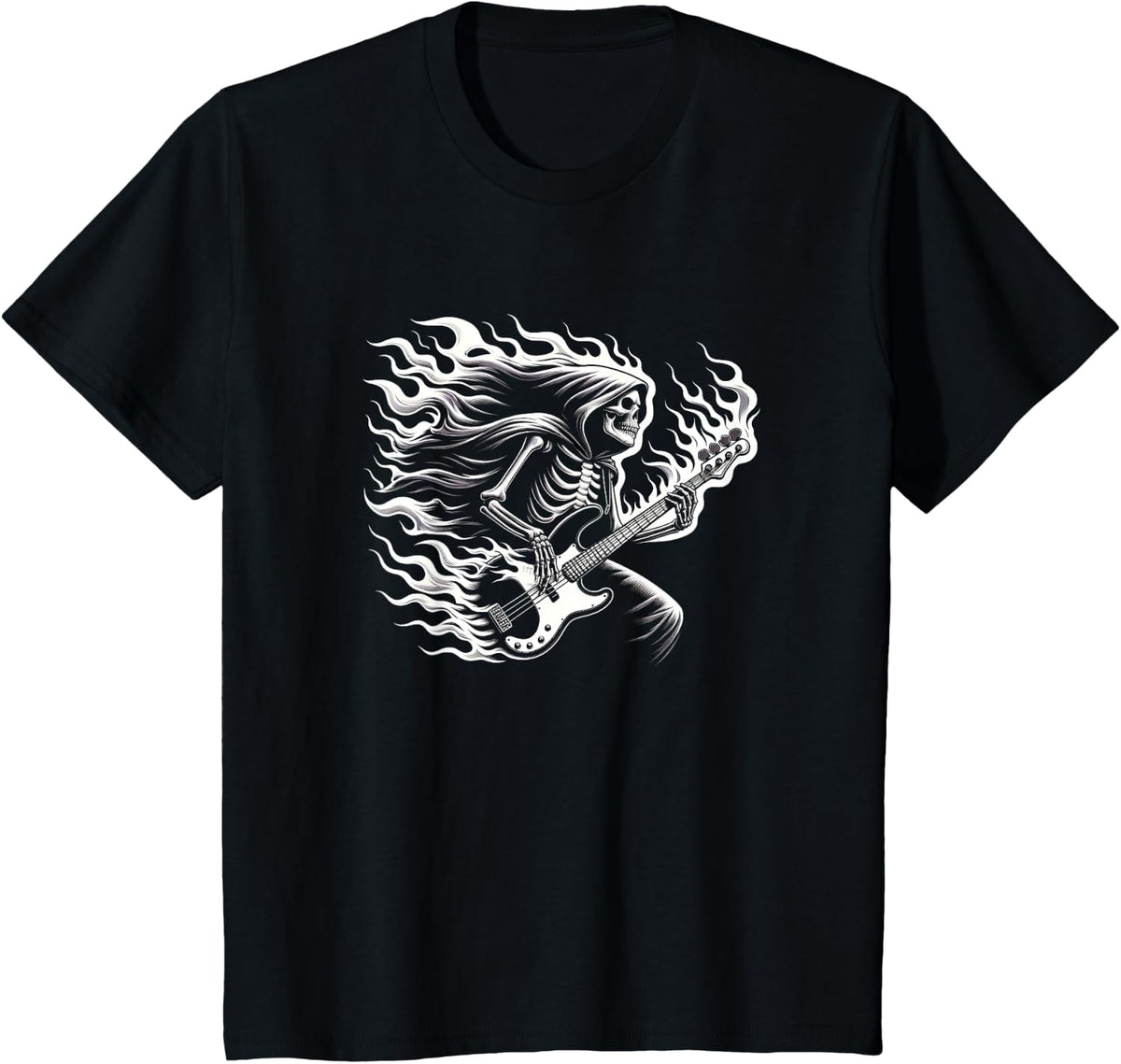 Fiery Grim Eternal Rockstar Skeleton Playing Bass Guitar T-Shirt - Black