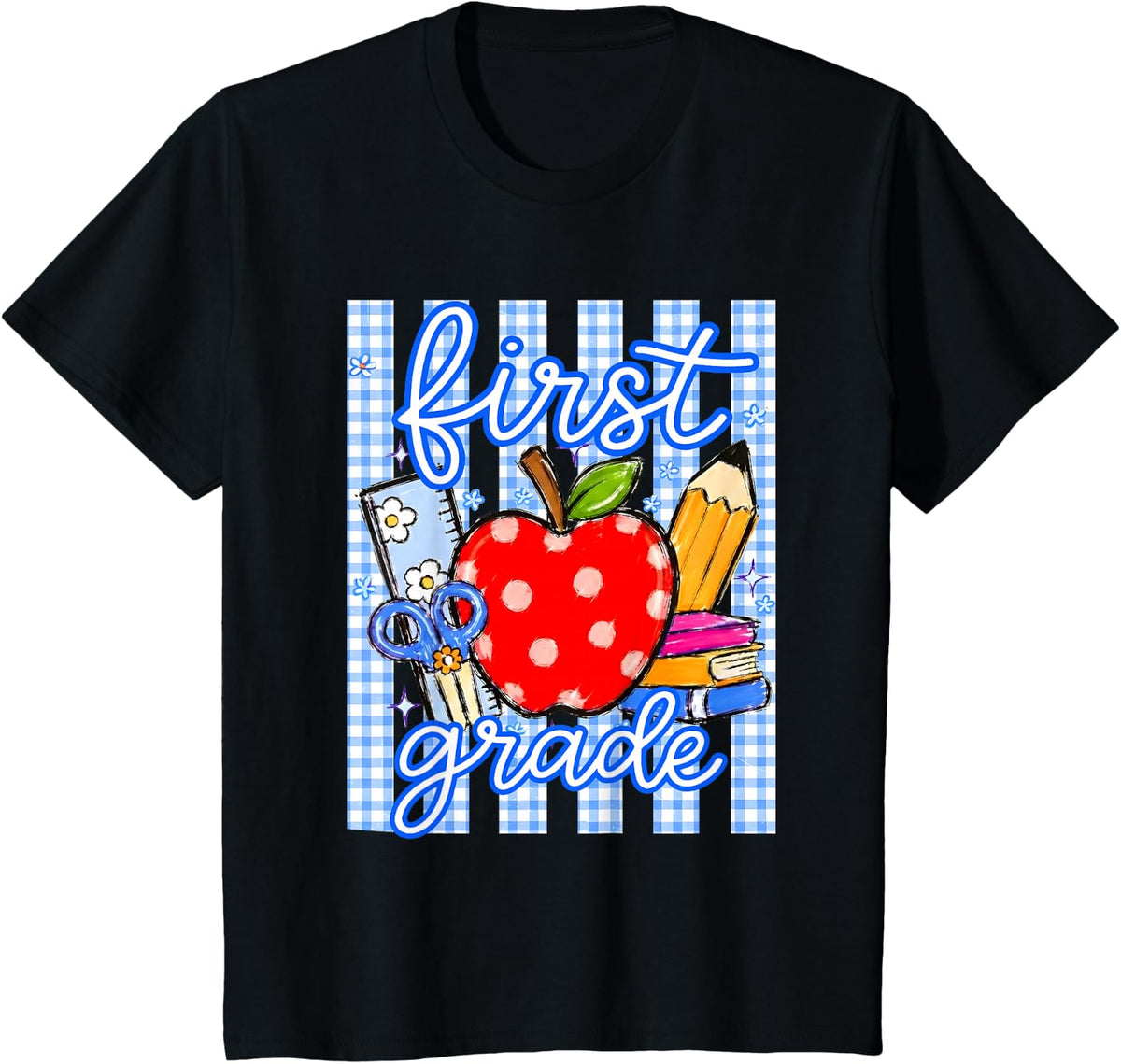 First Grade Blue Gingham Stripes Pencil Apple School Kids T-Shirt - Black