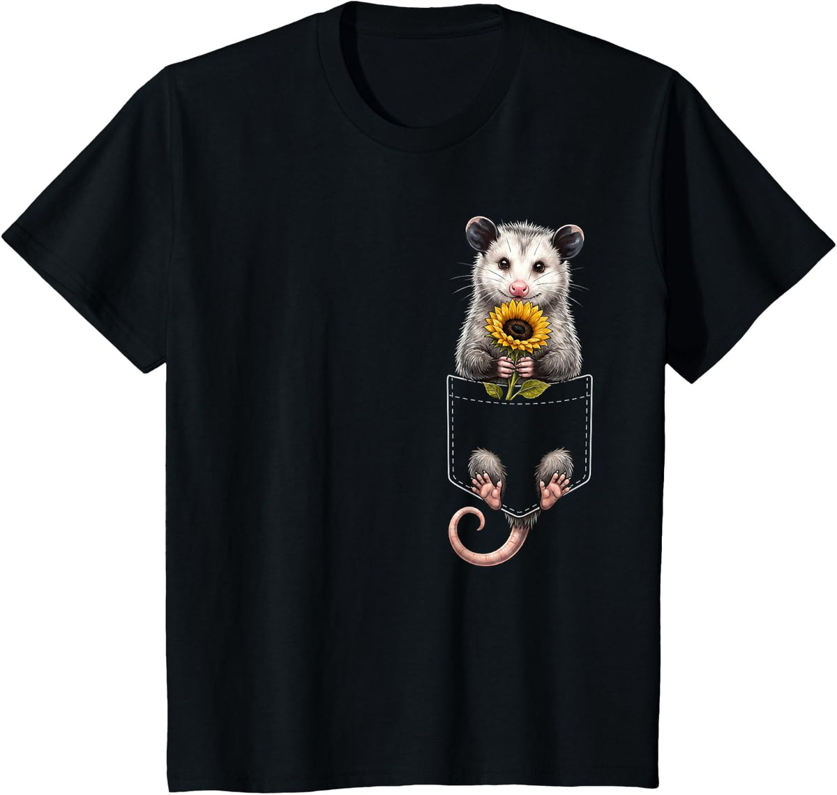 Opossum Pocket Holding Sunflower Animal Lover T-Shirt - Black