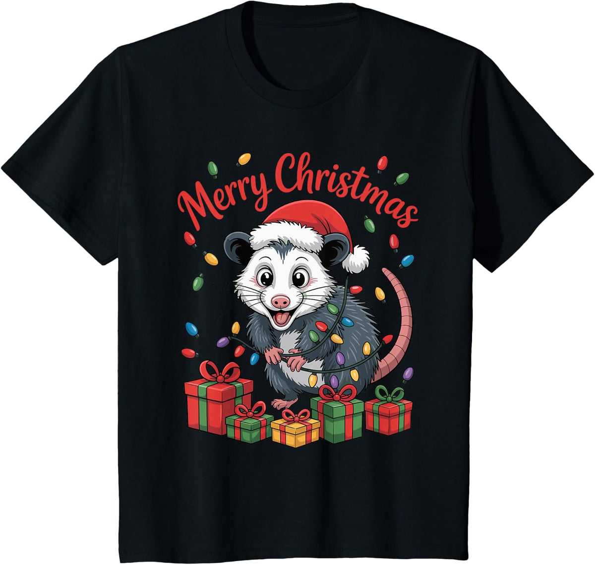 Funny Opossum Santa Hat Animals Lovers Ugly Christmas Pajama T-Shirt - Black