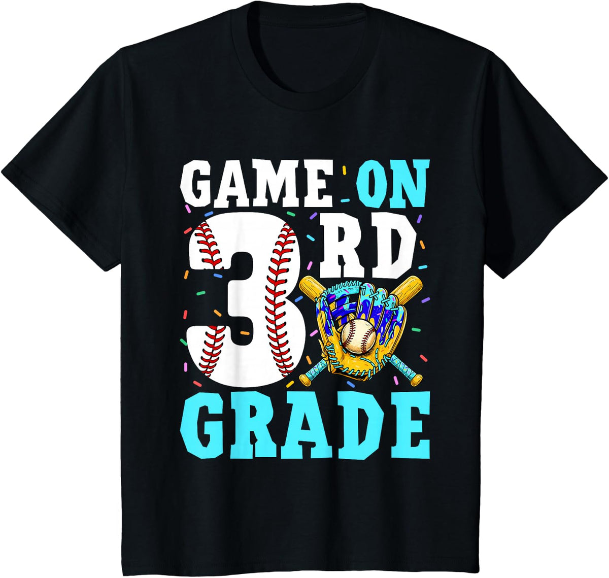 Back to School Third 3rd Grade Baseball Drip Ice Cream T-Shirt for Boys Tees - Black