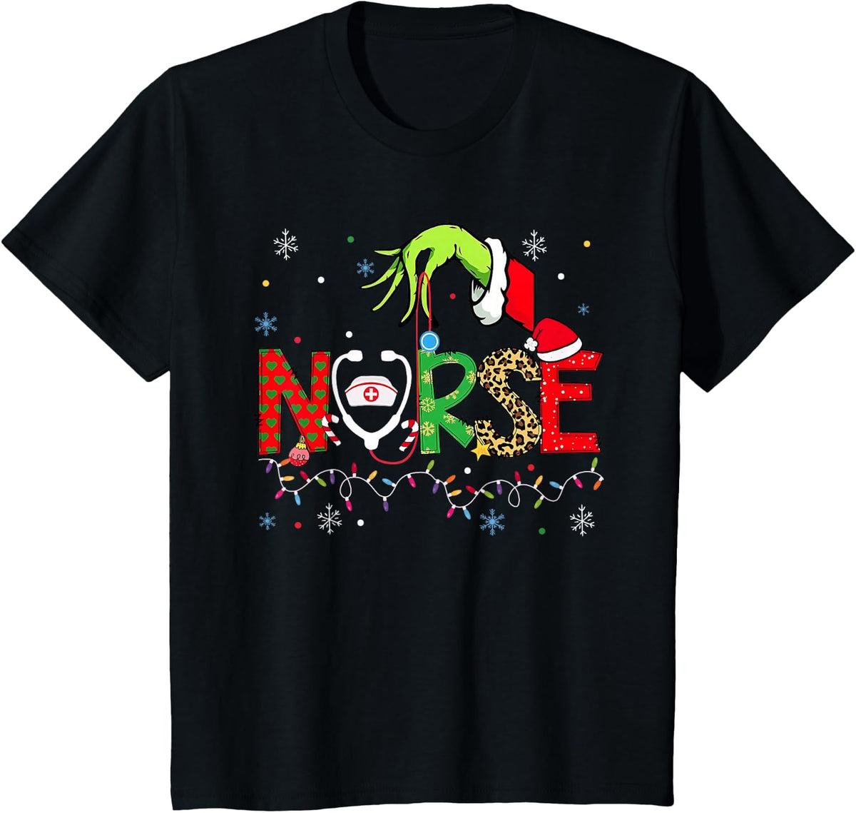Stethoscope Nurse Merry Christmas Xmas Lights Holiday Snow T-Shirt - Black
