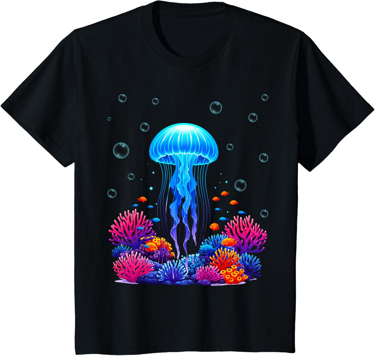 Jellyfish Graphic with Fishes in Sea T-Shirt - Black