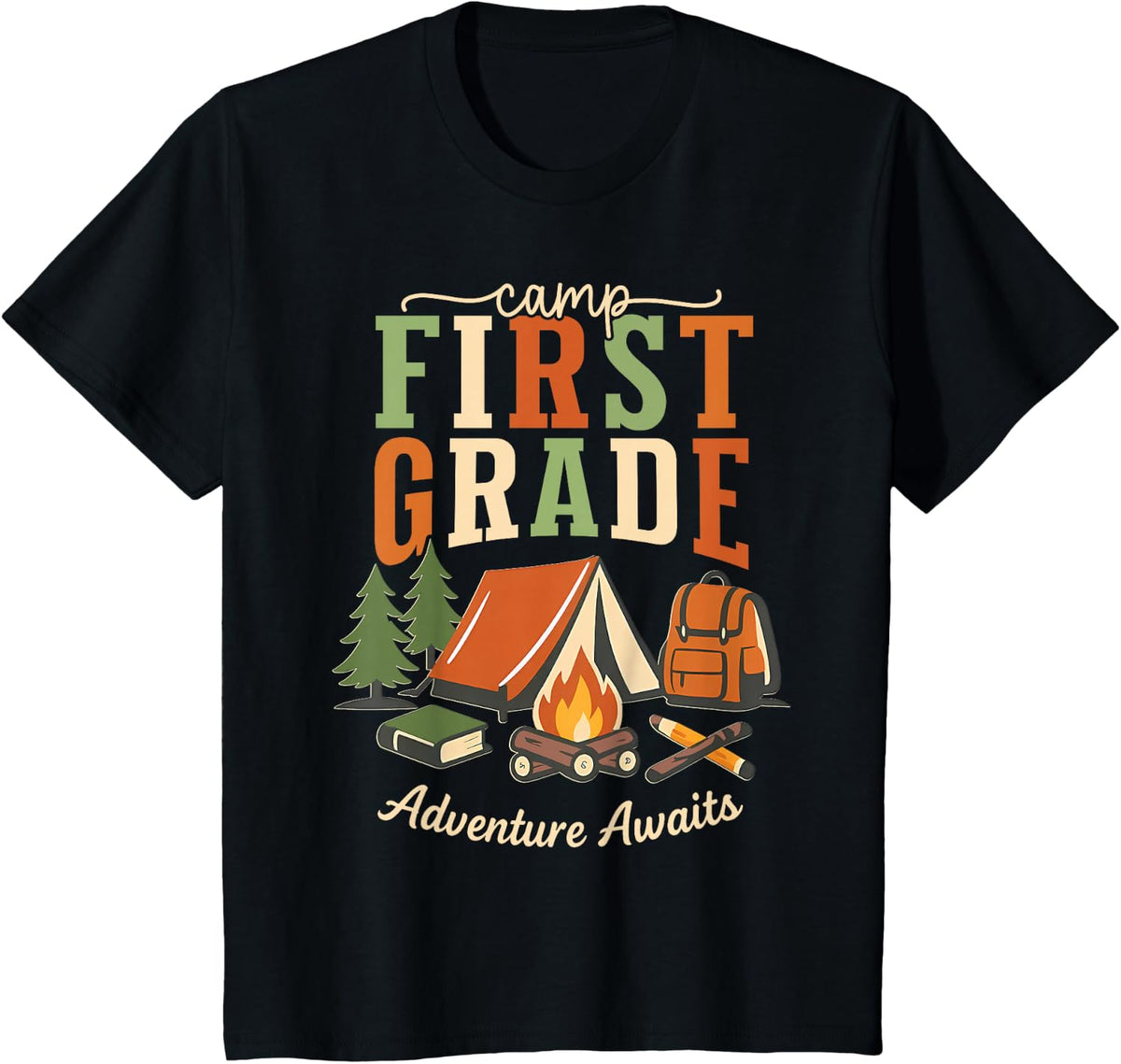 Camp First Grade Adventure Awaits Tees 1st Grade Teacher T Shirts Boy Girl - Black