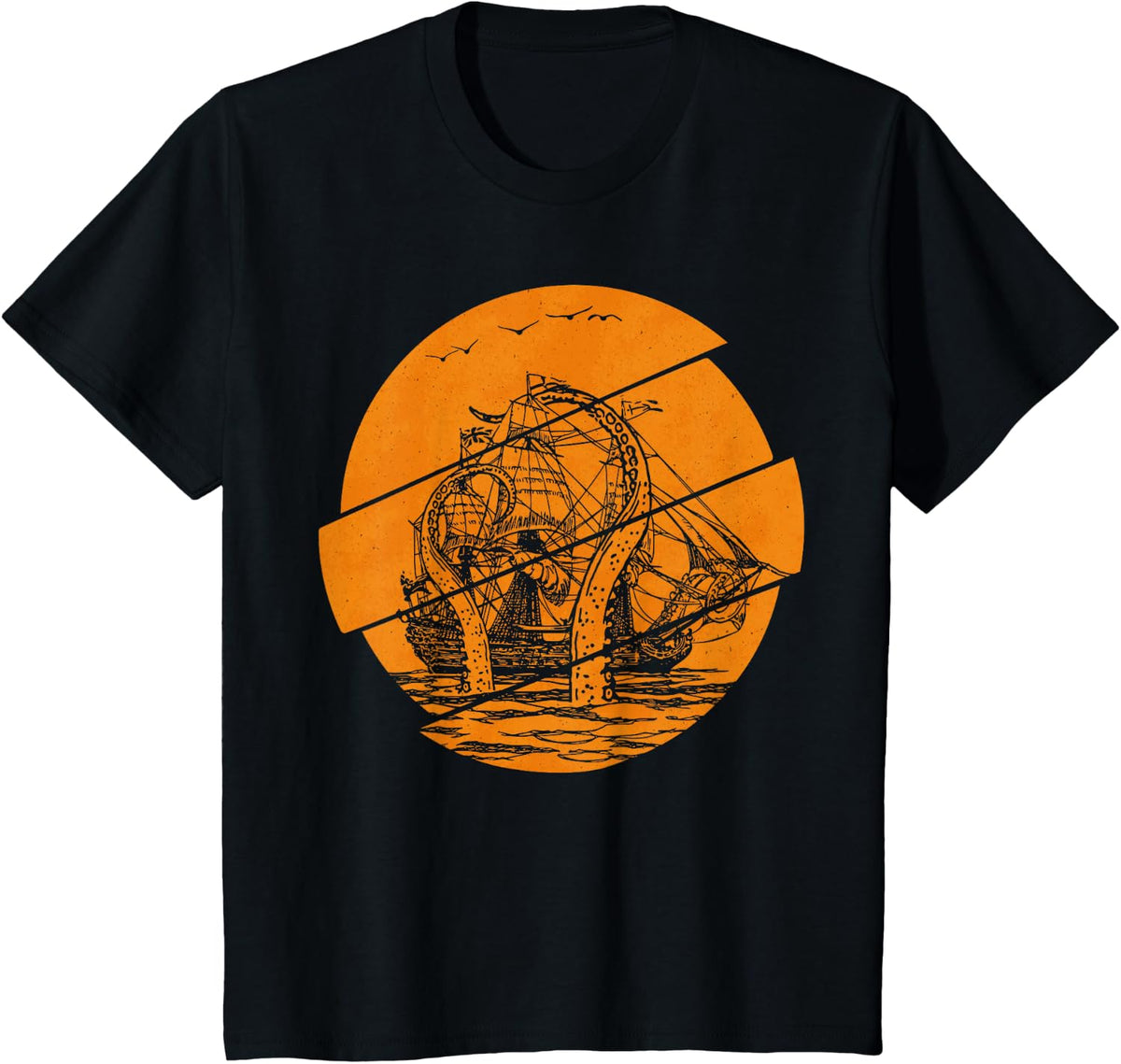 Vintage Kraken Pirate Ship Giant Octopus Ocean Sea Monster T-Shirt - Black