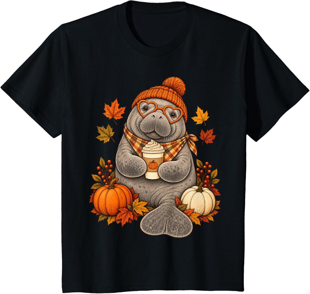 Manatee Fall Autumn Season Pumpkin Spice T-Shirt - Black