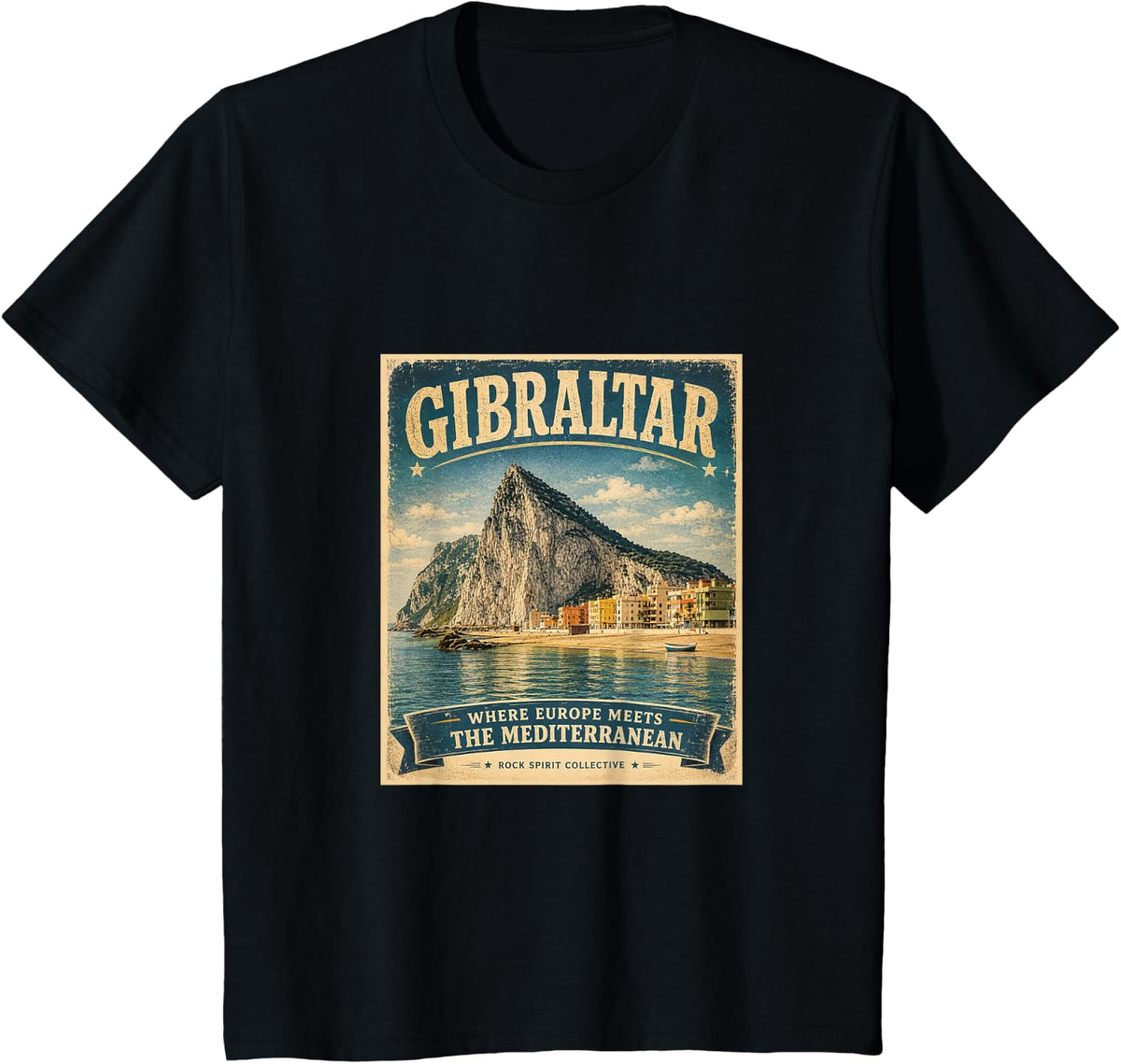 Vintage Travel Poster Rock of Gibraltar Heritage Design T-Shirt - Black