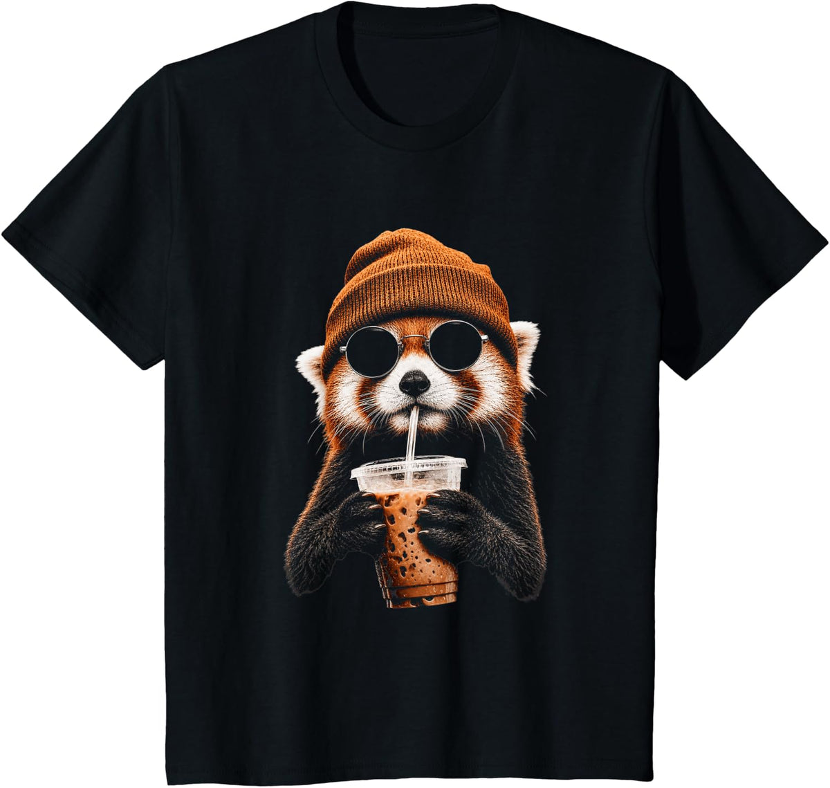 Red Panda Drinking Iced Coffee Funny Hipster Red Panda T-Shirt - Black