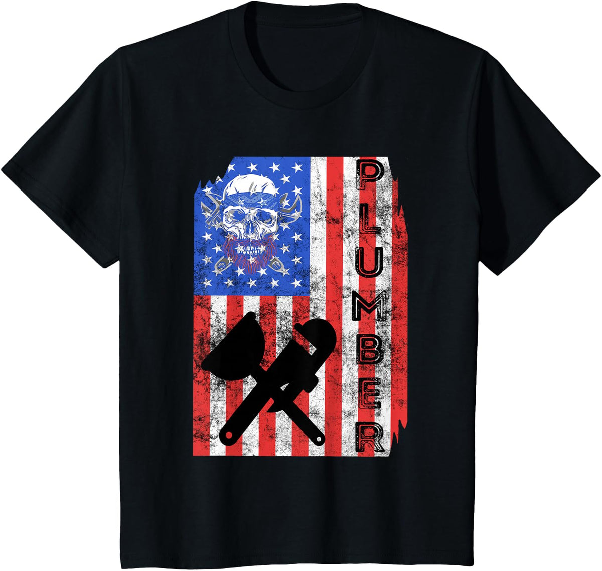 Plumber American Flag Pipefitter America 4th July Plumbing T-Shirt - Black