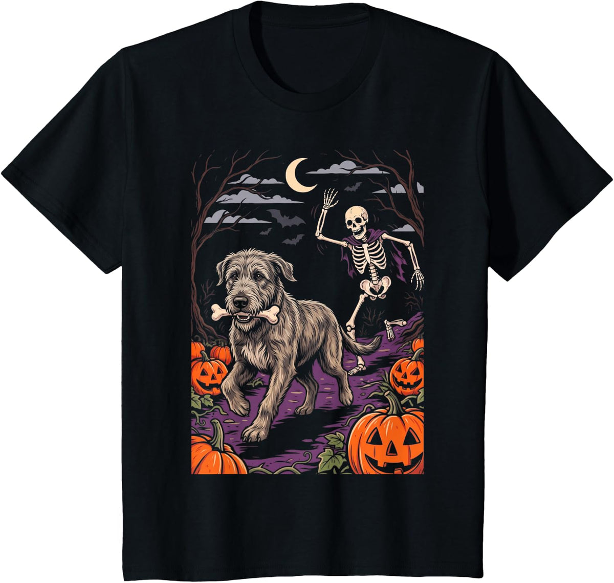 Irish Wolfhound Dog Stealing Bone from Skeleton Halloween T-Shirt - Black