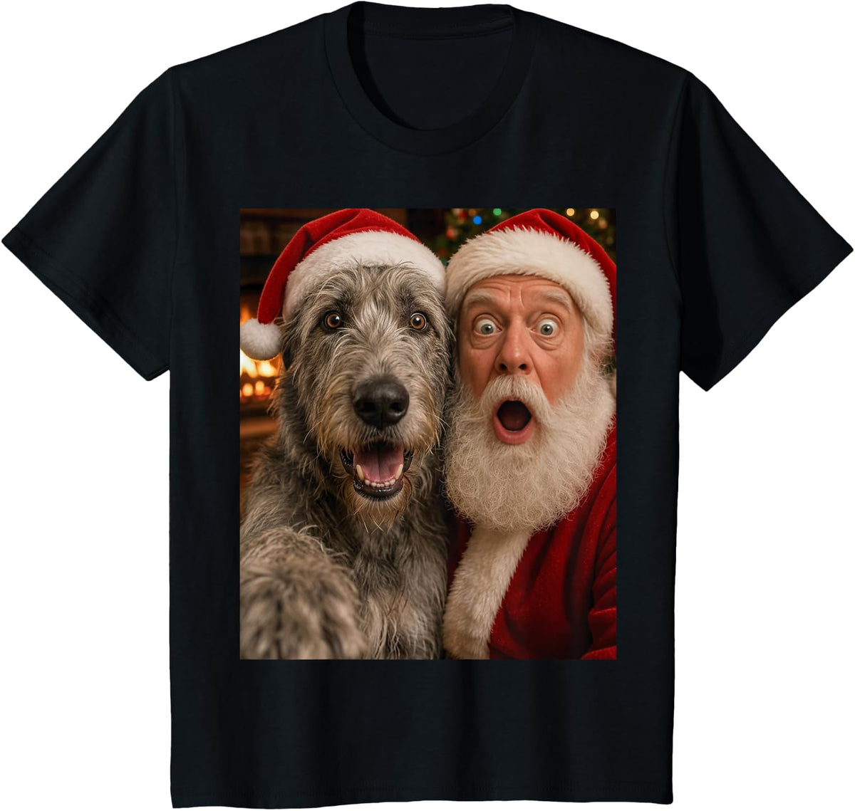 Irish Wolfhound Christmas Selfie with Santa Ugly Funny Dog T-Shirt - Black