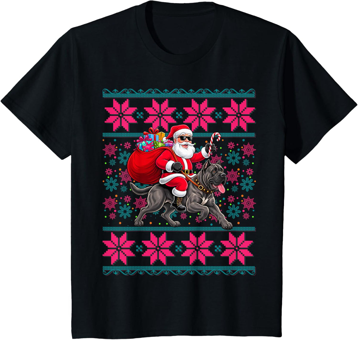 Ugly Christmas Women Girls Santa Riding Cane Corso Dog Xmas T-Shirt - Black