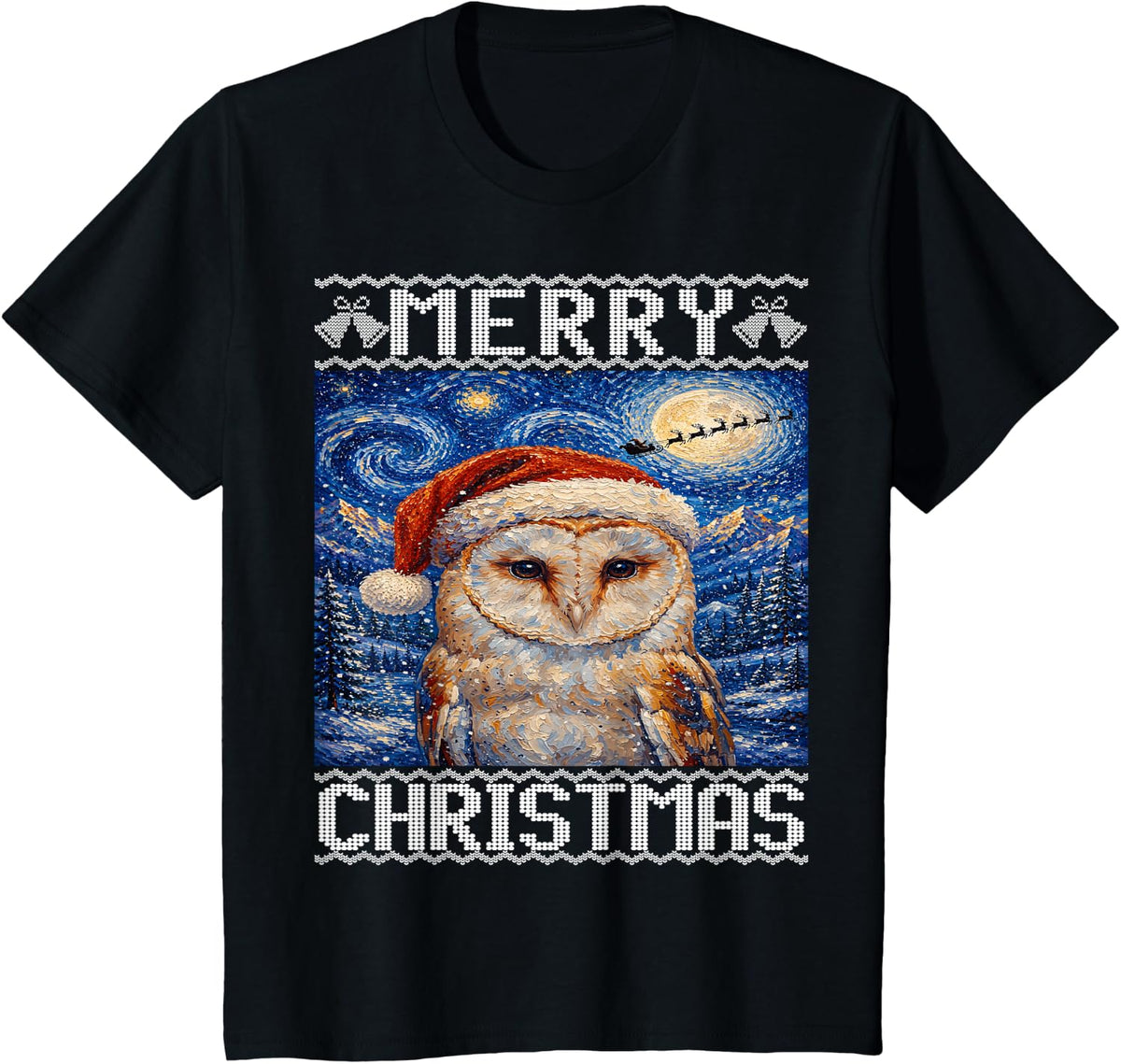 Barn Owl Merry Christmas Ugly T-Shirt - Black